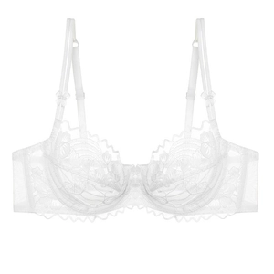 Close-up of white lace full cup bra with floral patterns and adjustable straps