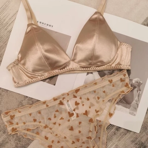 Detailed macro of champagne satin triangle bra with heart print mesh panties
