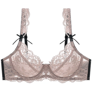 Ultrathin lace bra for women in dusty pink with black straps and bow accents