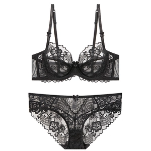 Lingerie Sexy en Dentelle pour Femmes Soutien-Gorge et Culotte Floral Ultra Mince Transparent à Armature Style Français Sous-Vêtements