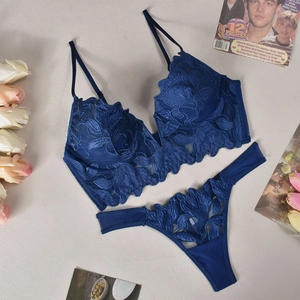 Detail of royal blue sheer lace lingerie with floral embroidery and delicate mesh straps