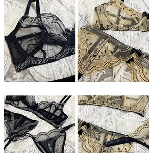 Lace embroidery lingerie set with mesh details and bow accents in four-panel view