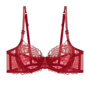 Elegant red lace bra with floral patterns and delicate bow details in a minimalist style