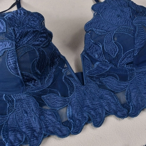Detail of royal blue floral embroidery and sheer mesh on deep V-neck lace bra