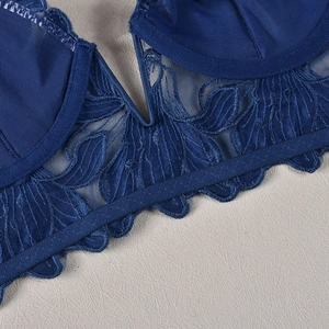 Detailed macro view of dark blue floral embroidery and sheer mesh on lace bra