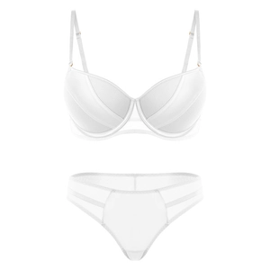 Detailed view of white mesh lingerie set with underwire bra and matching panty