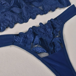 Detail of dark blue floral lace embroidery and sheer mesh on sexy lingerie set