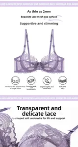 Détail d'un soutien-gorge en dentelle violette ultra-fin 2mm avec bonnets en résille