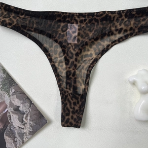 Detail view of leopard print sheer mesh thong with S size label on white background