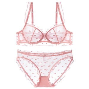Pink sheer mesh lingerie set with red heart embroidery and ruffled straps detail