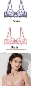 Detail eines transparenten Spitzen-BHs mit Herzmustern und gewellten Trägern in Rosa und Lila