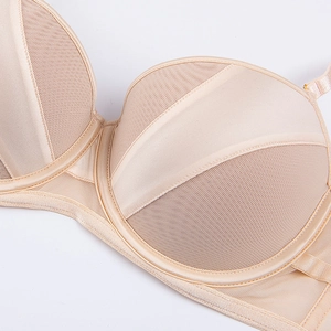 Detail of beige push-up bra featuring satin and mesh patchwork with sturdy underwire support