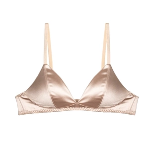 Champagne gold satin wireless triangle bra with thin straps and silk luster finish
