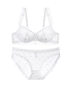 Detail of white mesh lingerie set featuring heart embroidery and ruffled trim edges