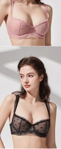 Detail eines transparenten Spitzen-BHs mit Herzmustern und zarten Rüschen für Damen