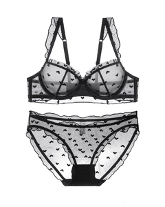 Close-up of black lace lingerie set with heart mesh pattern and ruffled shoulder straps