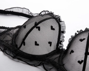 Detail of sheer black lace bra with heart flocking and mesh ruffle trim edges