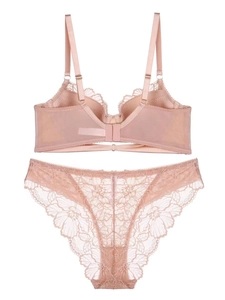 Detailansicht der Rückseite eines rosa Spitzen-BH-Sets mit verstellbaren Trägern und Slip