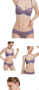 Détails de l'ensemble lingerie en dentelle violette avec motifs floraux et nœuds