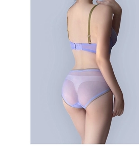 Rear view of purple sheer mesh lingerie set with green straps for a sexy French style