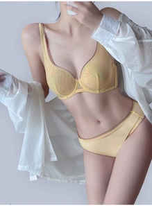 Detail of pale yellow sheer mesh lingerie set with lace edges and pink piping detail
