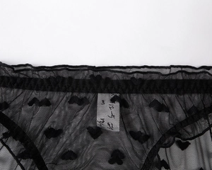 Detail of black semi-transparent mesh panties featuring a heart-patterned flocked design