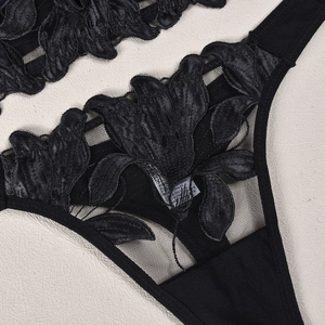 Close-up of black floral embroidery and sheer mesh detail on French style lace lingerie