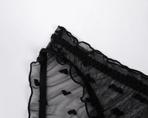 Detailed macro view of black sheer mesh fabric with heart patterns and ruffle edges