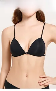 Close-up of seamless black front-closure bra with thin straps and smooth triangle cups