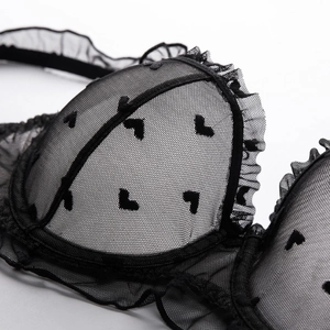 French style thin black lace bra featuring heart patterns and ruffled edges for a sexy look