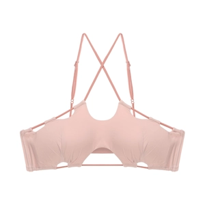 Pink wireless bra with French contrast trim and stylish cross-back strappy design