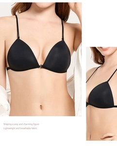 Detail view of seamless black triangle bra with ultra-thin double straps and smooth fabric