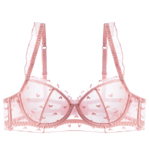 Soutien-gorge en dentelle rose style français avec broderie cœur et bretelles à volants