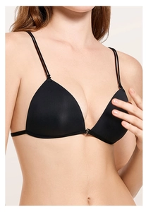 Front-close black seamless triangle bra with double thin straps and smooth finish
