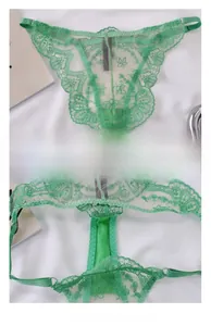 Detail of green sheer lace thong with high-cut design and soft cotton lining insert