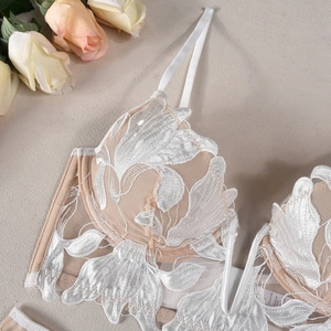Close-up of intricate white floral embroidery on sheer mesh cups of a V-neck bra
