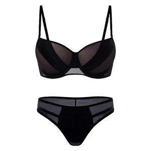 Sexy black lingerie set with push-up bra and mesh paneling on a white background