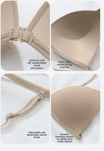 Detail of seamless front-closure bra showing fixed cups and adjustable elastic straps