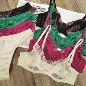 French style satin and lace lingerie set with mesh patchwork in four elegant colors