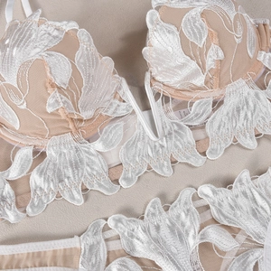 Detailed close-up of intricate white floral embroidery on sheer mesh lingerie bra
