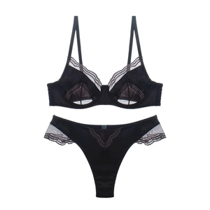 French style black mesh and satin lace lingerie set with thin straps and underwired bra