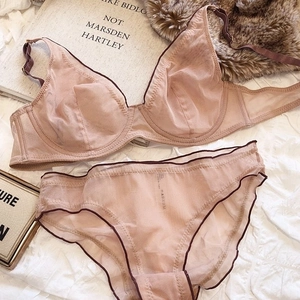 Detail of sheer mesh lingerie set in nude pink with contrasting dark brown trim and soft straps