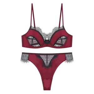 Sexy burgundy eyelash lace lingerie set with underwire bra and high-cut thong on white base