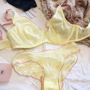 Detailed macro shot of French mesh lace lingerie set in yellow with pink ruffle trim