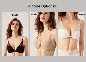 Vue détaillée du soutien-gorge dos nu en noir, beige et blanc avec tulle transparent