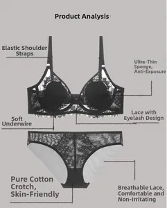 Détails de l'ensemble de lingerie en dentelle noire avec armatures souples et bretelles