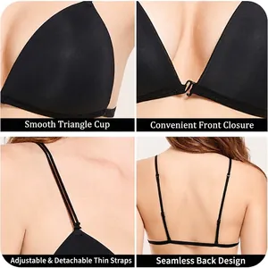 Seamless front closure triangle bra in black with smooth fabric and adjustable straps