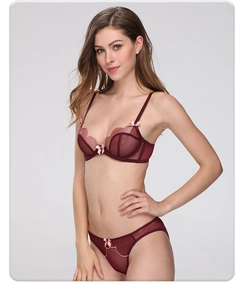 Detail of wine red sheer mesh bra and panties set with delicate pink bows and lace trim