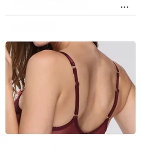 Detail of adjustable integrated shoulder strap on wine red mesh lace bra with gold buckle