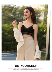 French style black bralette with mesh detail and striped hem for outdoor fashion style